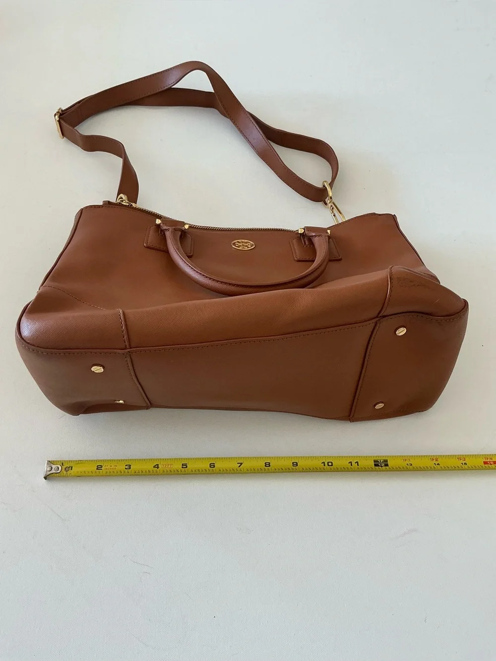 Tory Burch Robinson Double Zip Tote Tan Leather Satchel Crossbody Bag - Picture 9 of 14